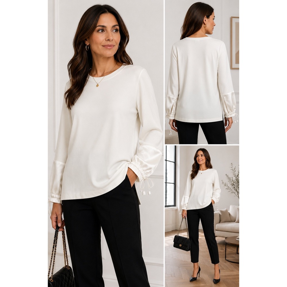 Kobi Halperin XL Ivory Knit Top Satin Drawstring Cuffs Quiet Luxury Blouse